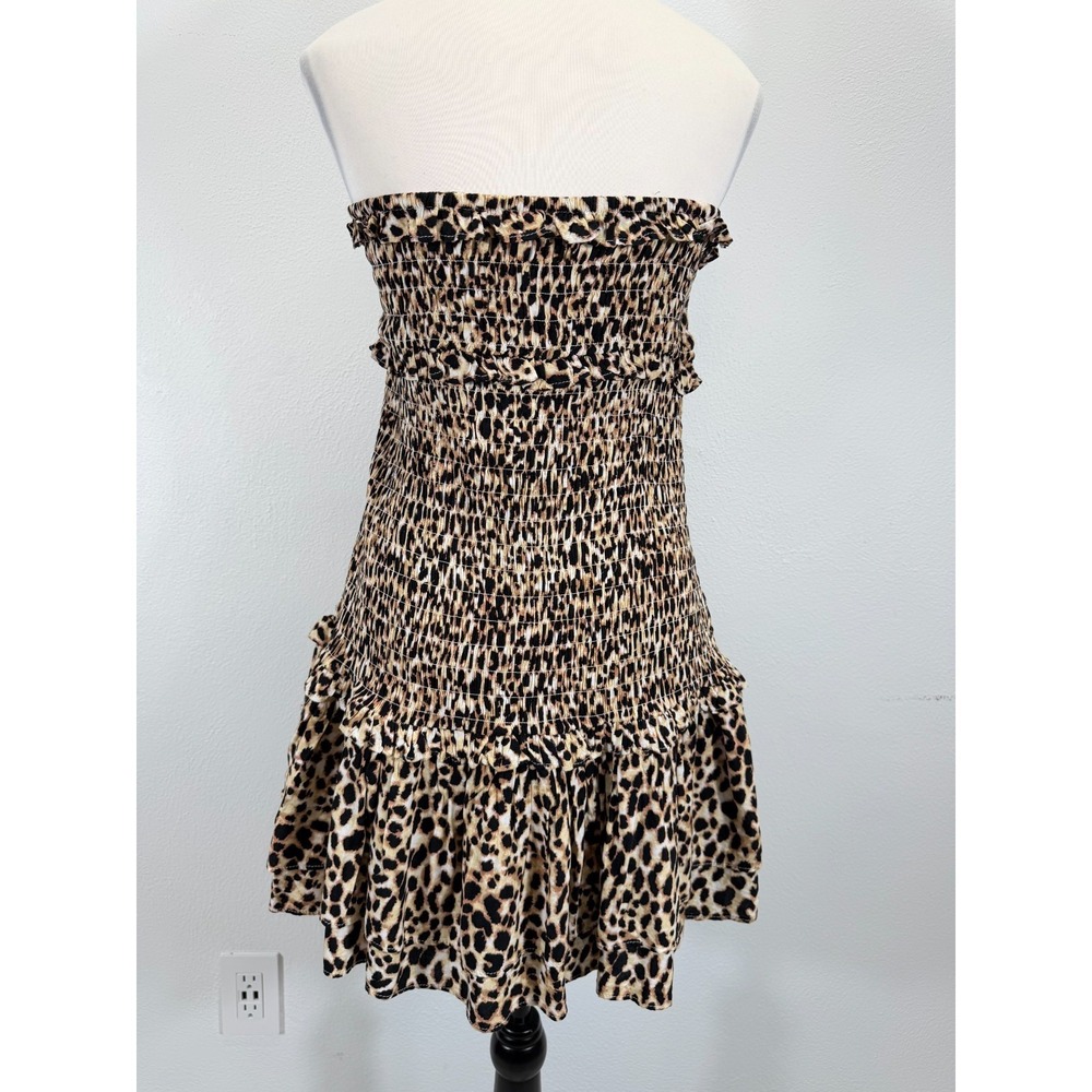 American Eagle Leopard Print Smocked Ruffle Strapless Boho Festival Mini Dress M - Picture 2 of 7